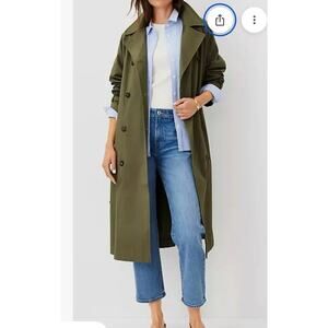 Ann Taylor Olive Belted Trench Coat SZ S Classic Double Breasted Cotton Blend